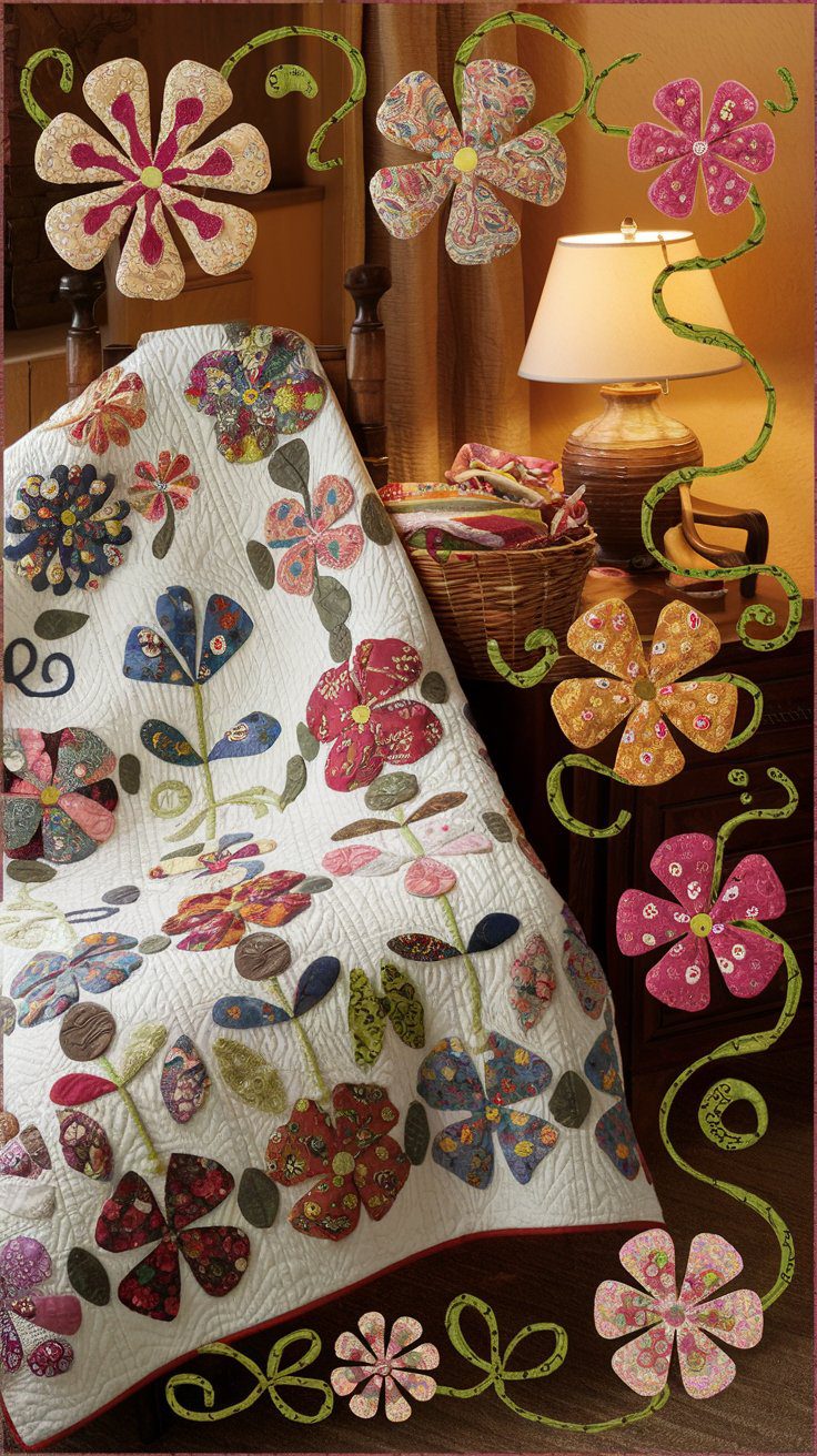 Appliqu&eacute; flowers and vines cut from fabric scraps stitched onto a quilt