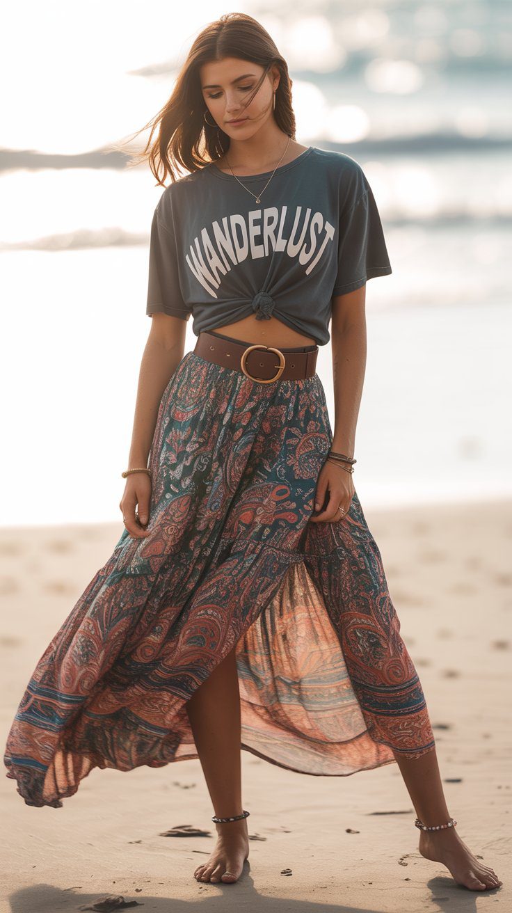 Boho beach outfit with a knotted graphic tee and patterned maxi skirt for summer coastal style.