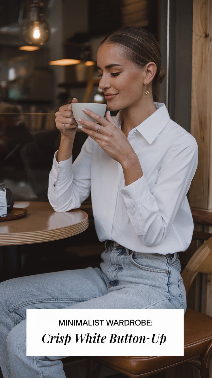A person sits at a cafe table wearing a crisp white button-up shirt and light blue jeans, a minimalist wardrobe essential.