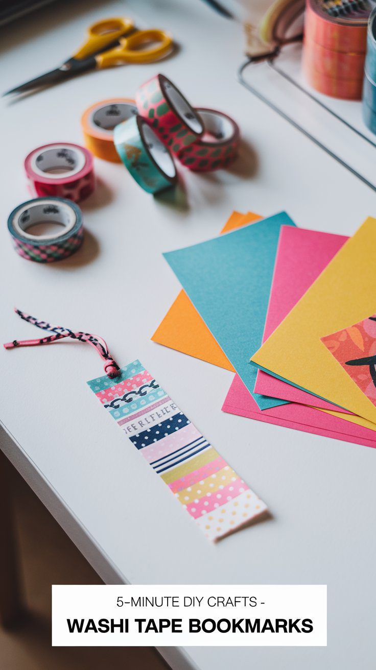 A variety of colorful washi tapes, multicolored paper sheets, and scissors are on a table. A handmade bookmark decorated with different washi tape patterns is displayed. Text at the bottom reads 5-Minute DIY Crafts - Washi Tape Bookmarks.