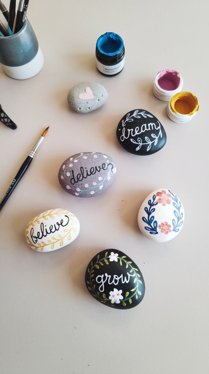 Painted stones with designs: one with a heart, others with words believe, dream, grow, and floral patterns. Nearby are containers of blue, pink, and yellow paint, along with a paintbrush and a cup holding more brushes.