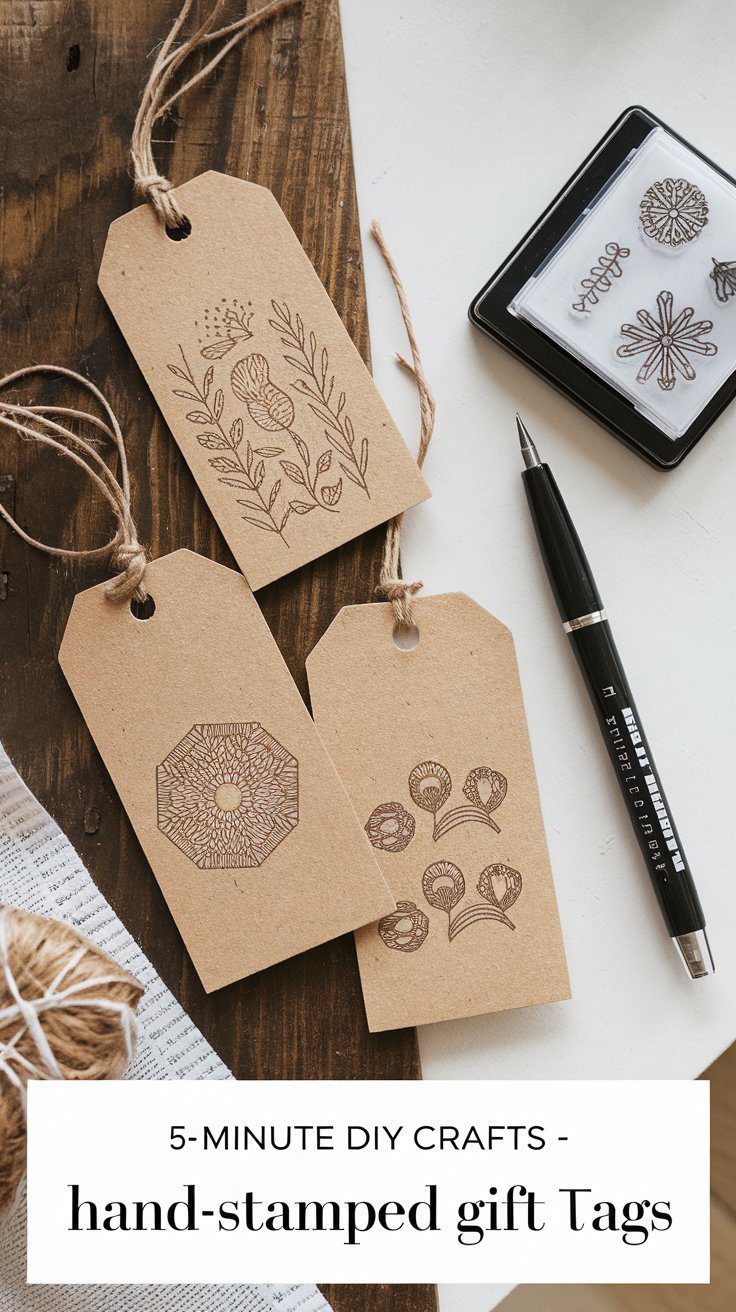Gift tags on a table, featuring hand-stamped floral designs in black ink. There’s a black pen and an ink stamp with various patterns nearby. A ball of twine is partially visible in the corner. Text reads, 5-Minute DIY Crafts - hand-stamped gift Tags.