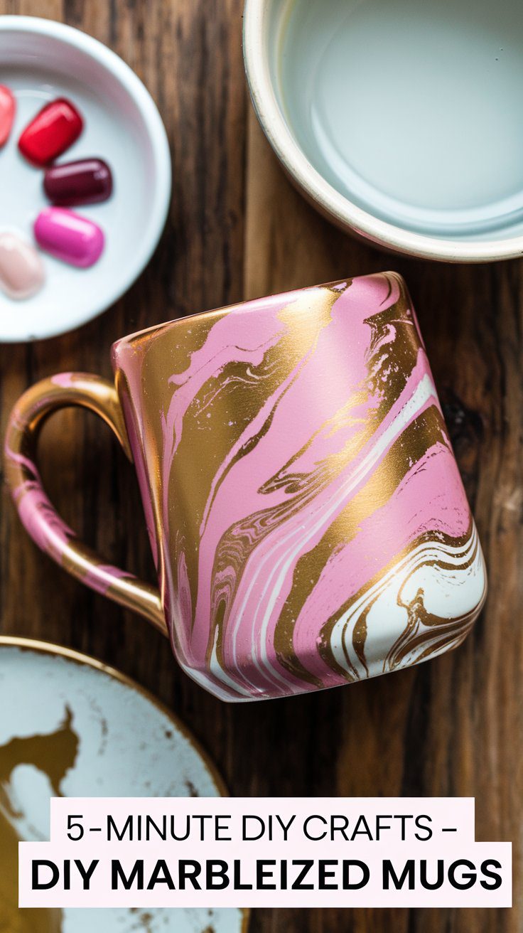 A mug with a marbled design in gold, pink, and white sits on a wooden surface. Nearby are bowls and a few drops of pink and red nail polish. Text at the bottom reads, 5-Minute DIY Crafts – DIY Marbleized Mugs.