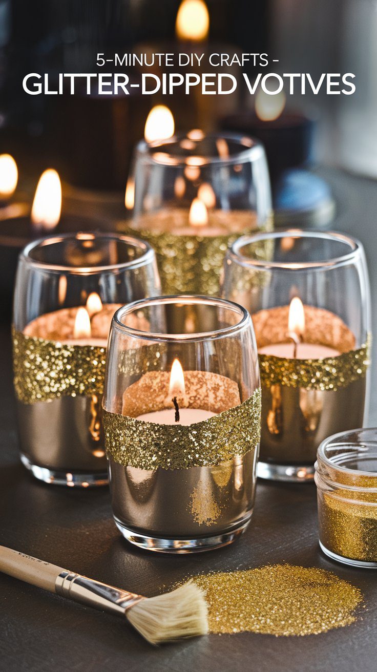 Four glass votives with lit candles are decorated with a band of gold glitter. A small jar of glitter and a brush are nearby on the table. Text at the top reads, 5-Minute DIY Crafts - Glitter-Dipped Votives.
