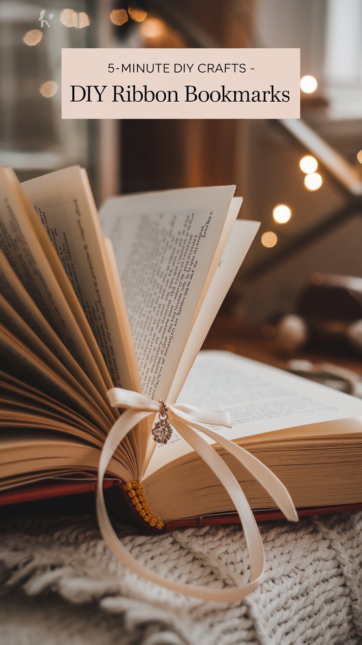 Open book with a beige ribbon bookmark, featuring a small charm, resting on a cozy surface. Blurred warm lights and home decor items are softly visible in the background. Text at the top reads 5-Minute DIY Crafts - DIY Ribbon Bookmarks.
