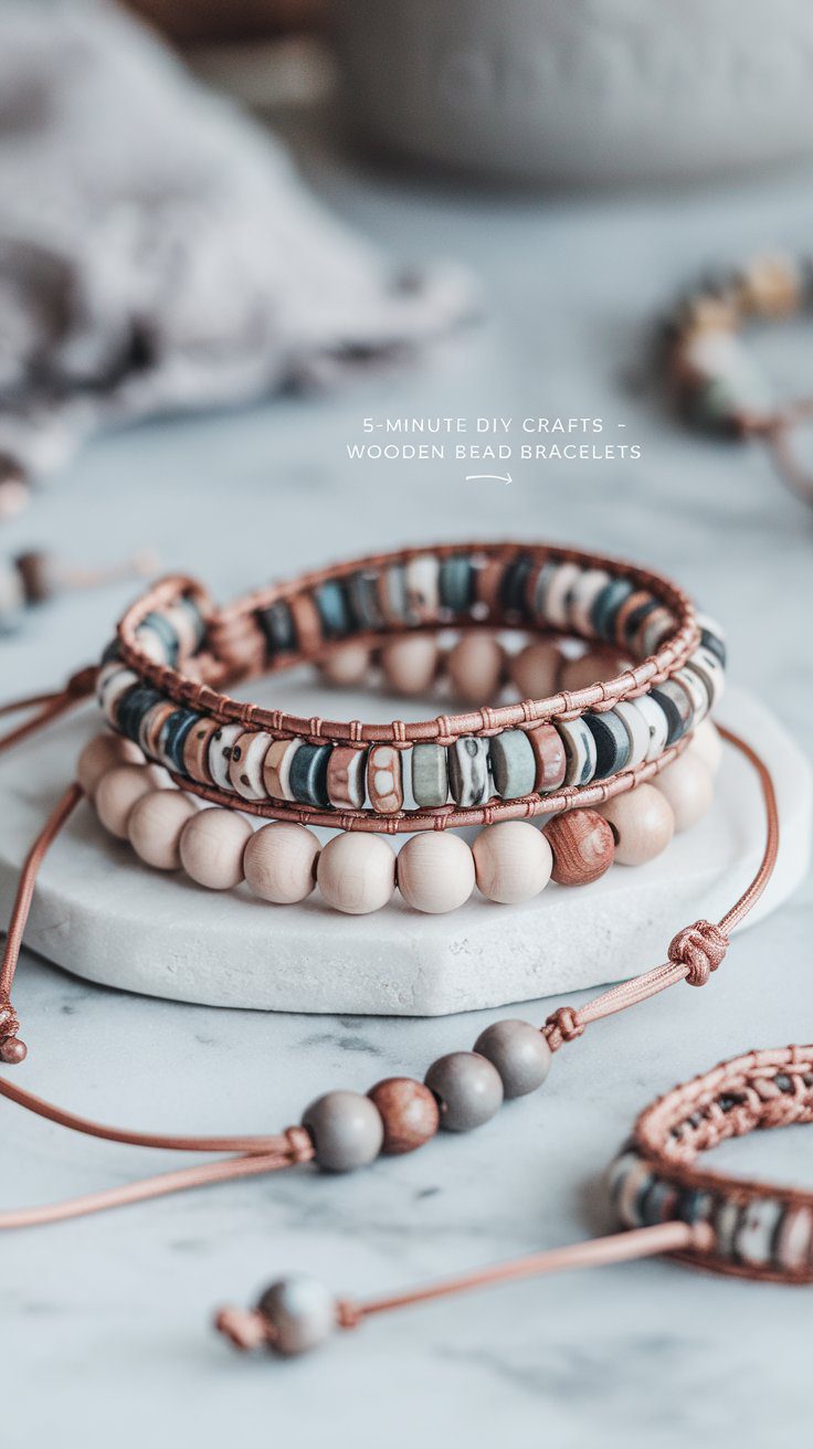 Close-up of bohemian-style bracelets on a marble surface. The bracelets feature wooden beads and intricate wire designs in earthy tones. In the background, additional bracelets are blurred. Text reads 5-Minute DIY Crafts - Wooden Bead Bracelets.