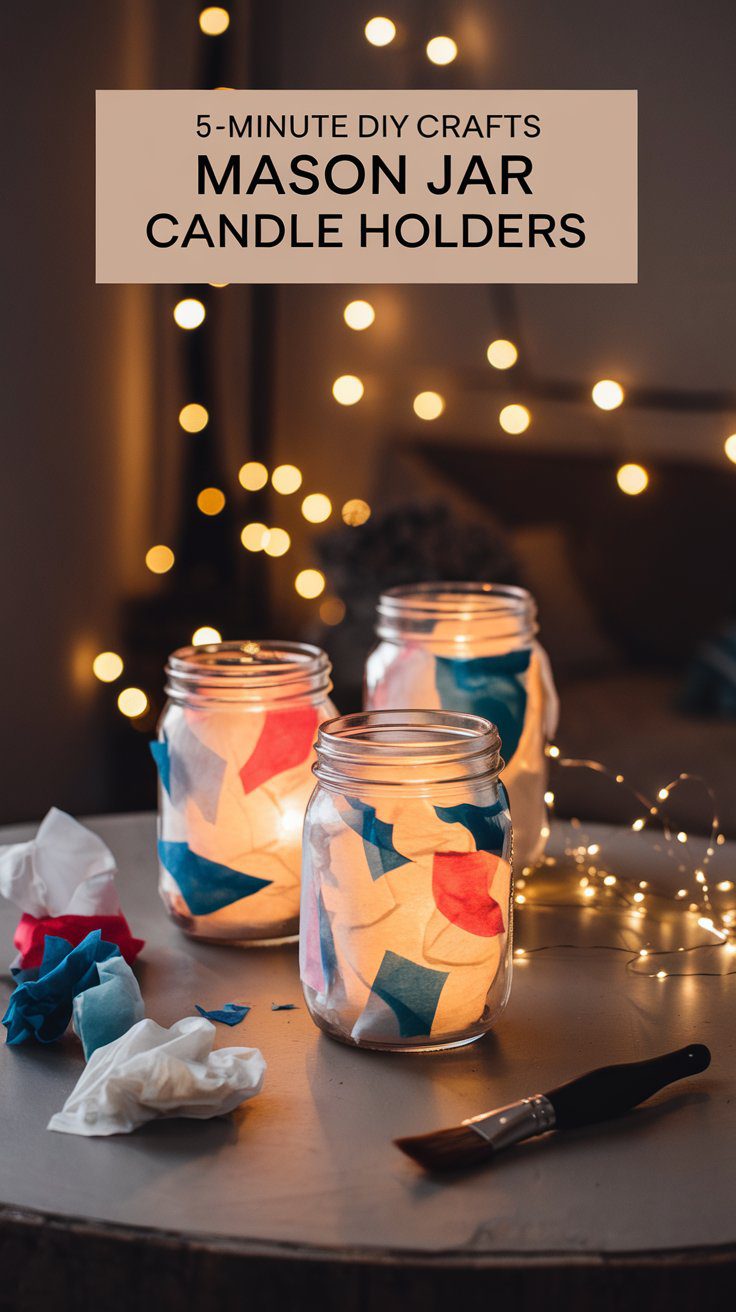 Three mason jar candle holders decorated with colorful tissue paper and glowing lights inside. They are placed on a table with a brush and more tissue paper nearby. Soft string lights hang in the background, creating a cozy atmosphere.