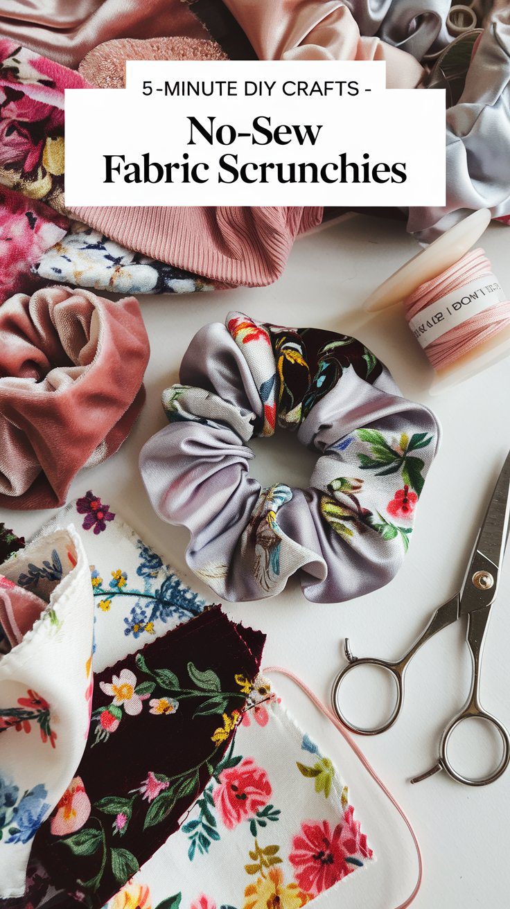 A collection of fabric scrunchies with floral patterns and soft textures on a table. Nearby are crafting scissors, a spool of thread, and a small container of cream. A sign above reads 5-Minute DIY Crafts - No-Sew Fabric Scrunchies.