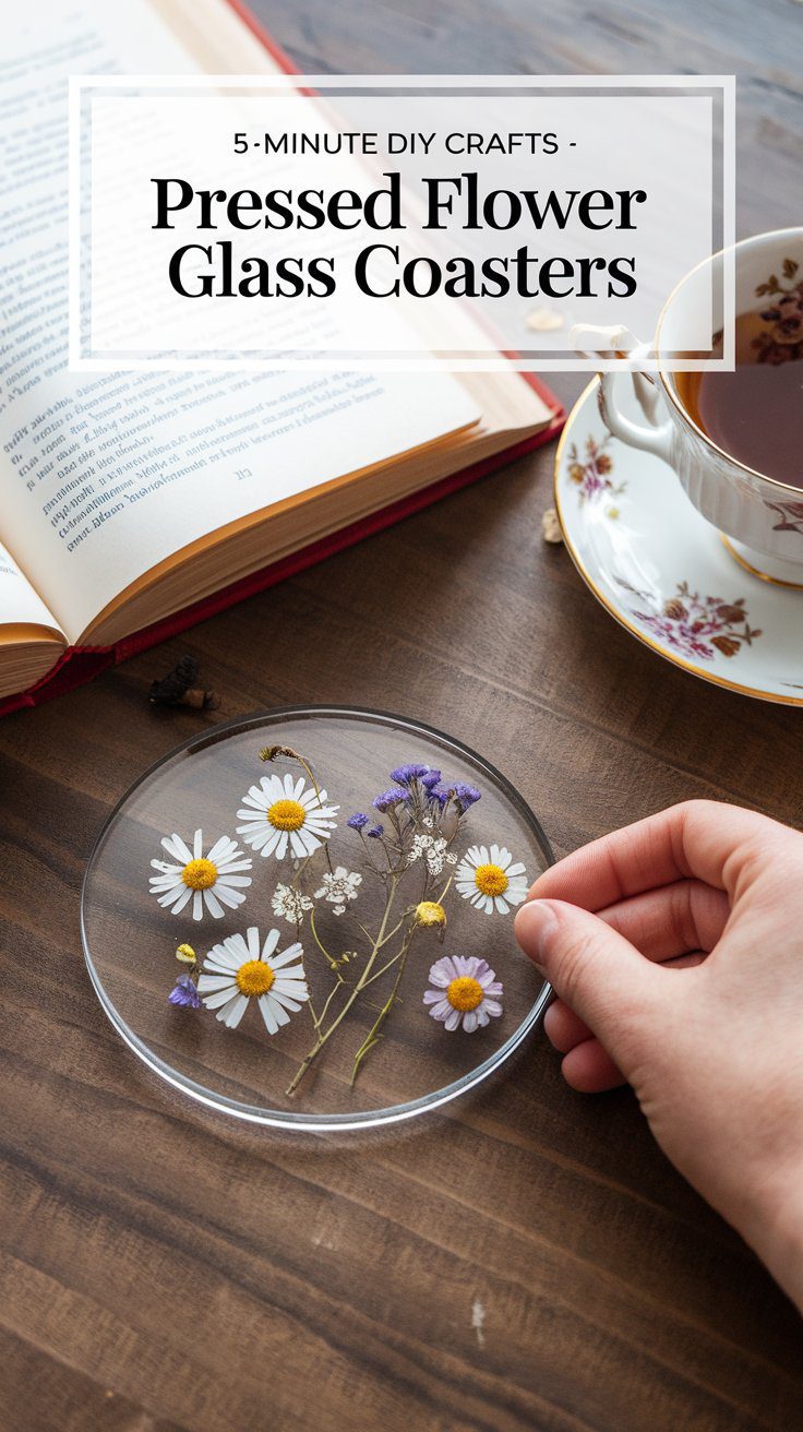 An open book and a floral teacup with tea sit on a wooden table. A hand holds a clear glass coaster with pressed flowers, including daisies and purple blossoms. Text reads: 5-Minute DIY Crafts - Pressed Flower Glass Coasters.