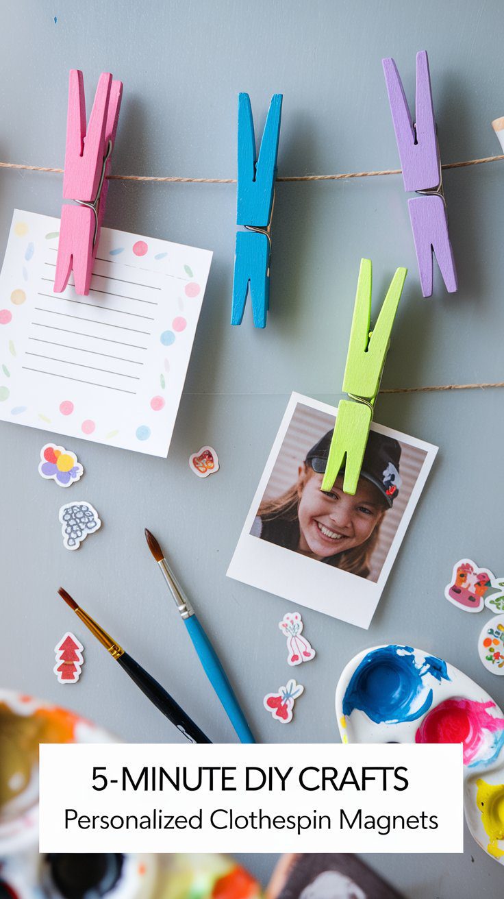 Colorful clothespins hang on a string, holding a photo and a note. Below are paintbrushes and paint with small decorative stickers scattered around. Text reads, 5-Minute DIY Crafts: Personalized Clothespin Magnets.