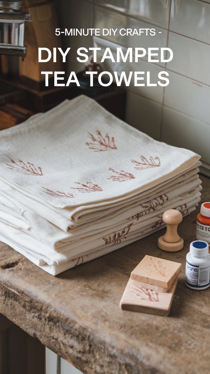 A stack of white tea towels featuring red plant prints is neatly arranged on a rustic wooden table. Nearby are stamping tools and ink bottles. The text above reads, 5-Minute DIY Crafts - DIY Stamped Tea Towels.