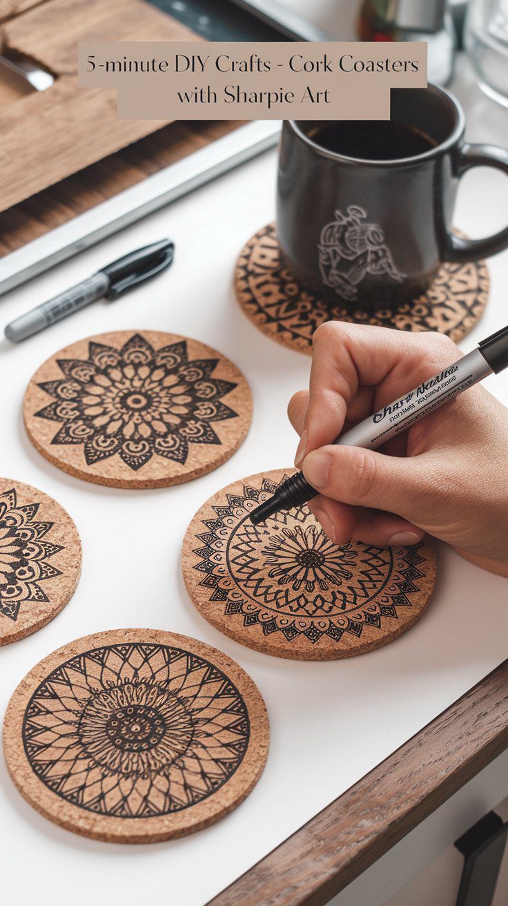 A hand is drawing intricate mandala patterns on round cork coasters using a black Sharpie marker. Several finished coasters are displayed nearby, along with a black mug and an open Sharpie marker on a white surface.