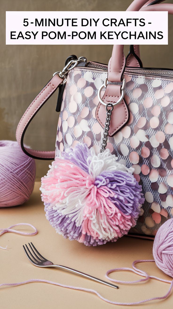 A pink and purple pom-pom keychain attached to a stylish handbag with a polka dot pattern. Yarn balls and a fork are on the table nearby. Text at the top reads, 5-Minute DIY Crafts - Easy Pom-Pom Keychains.
