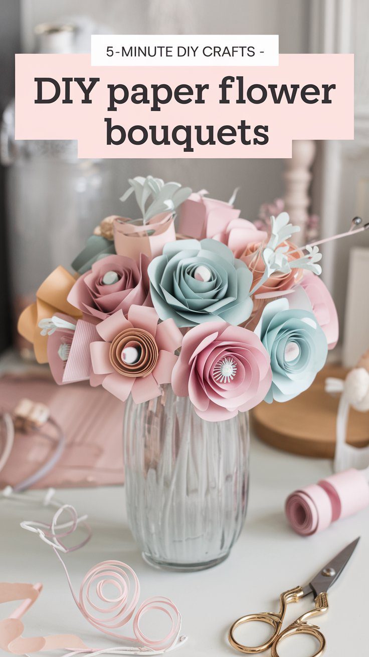 A vase filled with pastel-colored DIY paper flowers, including pink, peach, and light blue roses, sits on a crafting table. Scissors and ribbon are nearby. A text overlay at the top reads, 5-Minute DIY Crafts - DIY paper flower bouquets.