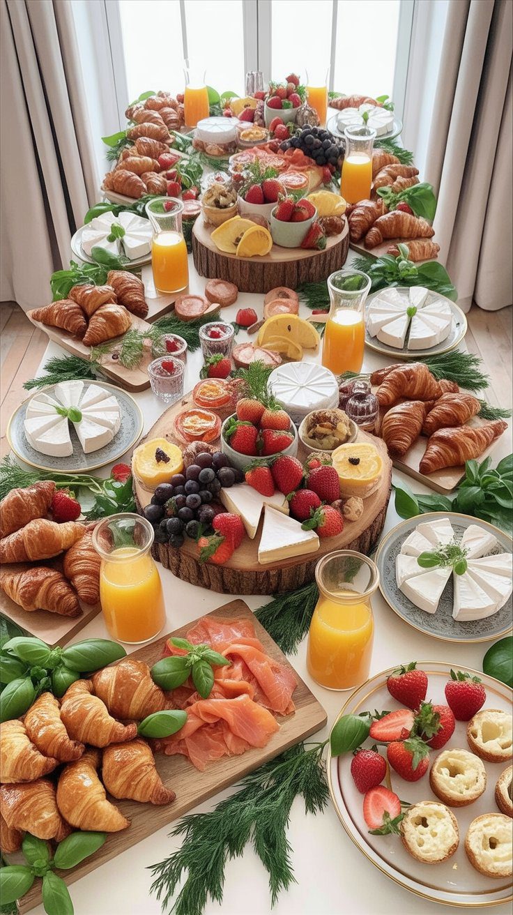 A lavish grazing table brimming with croissants, cheeses, smoked salmon, fresh fruit, and mini pastries invites guests to indulge, all artfully arranged on rustic boards with vibrant greenery for a fresh touch—perfectly illuminated by natural light.