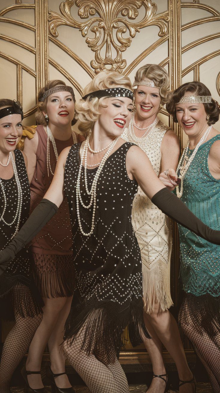Five women dressed in 1920s flapper attire, featuring fringed dresses and pearl necklaces, striking playful poses in front of an ornate golden backdrop.