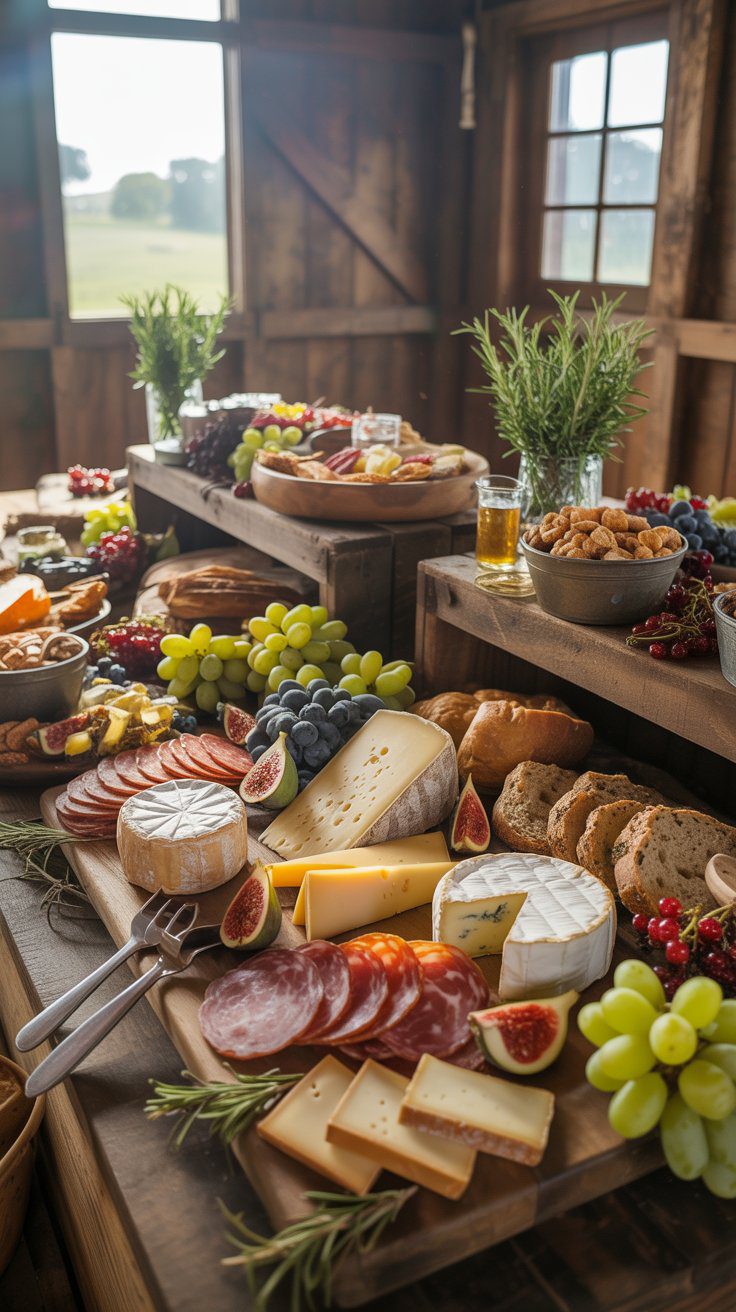 A beautifully arranged rustic grazing table, featuring a tempting selection of cheeses, cured meats, fresh fruits, breads, and nuts amid lush greenery—set against sunlit windows and wooden walls—offers inspiring ideas for your next indoor gathering.