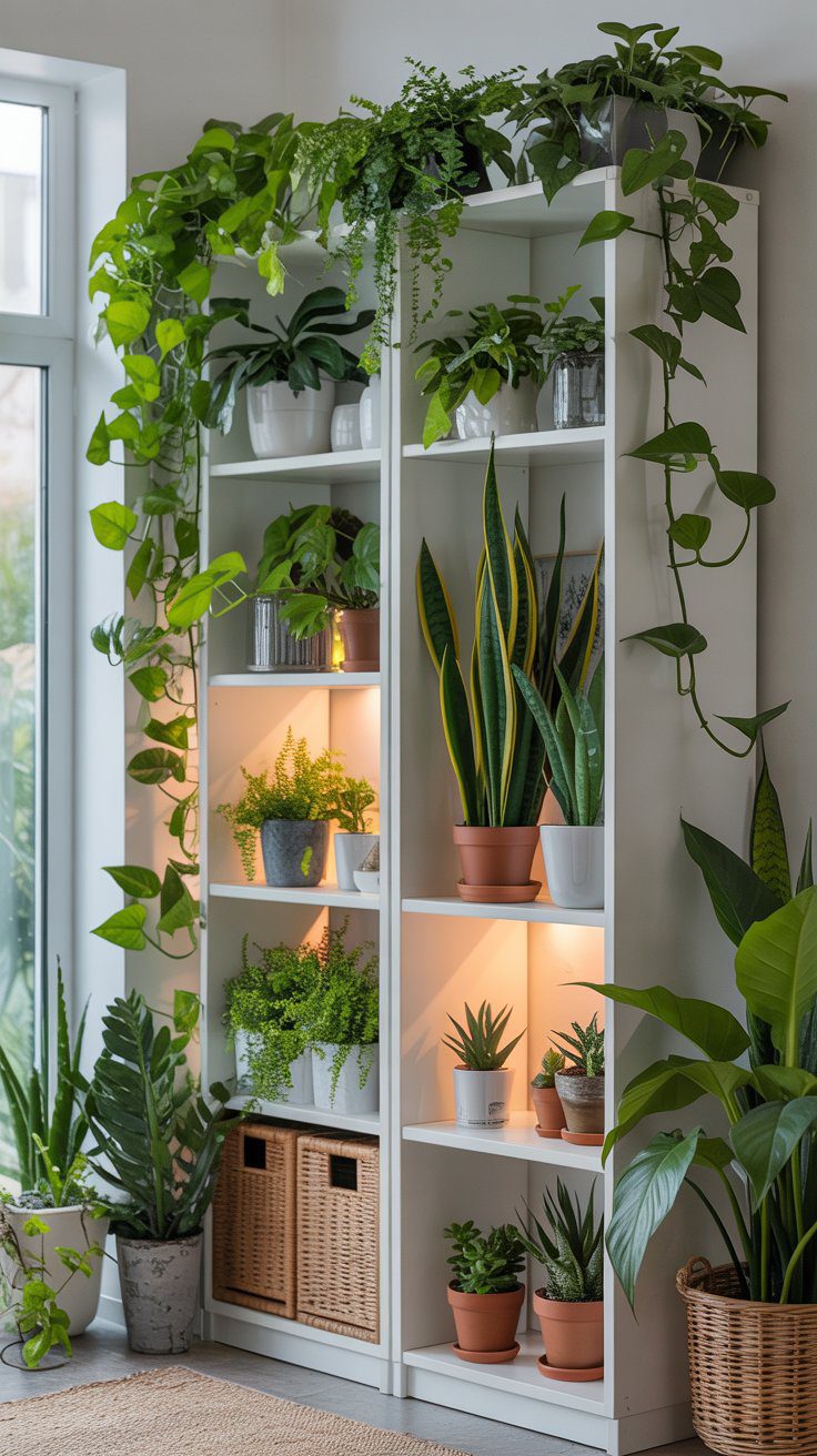 A sunlit window showcases a white plant stand with lush greenery