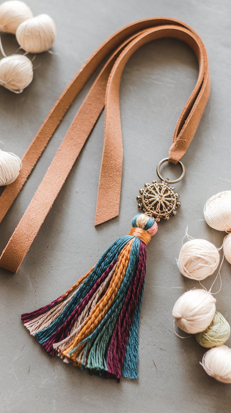 A colorful embroidery-thread tassel hangs from a bronze ring on a suede ribbon bookmark, surrounded by balls of cream and white yarn.