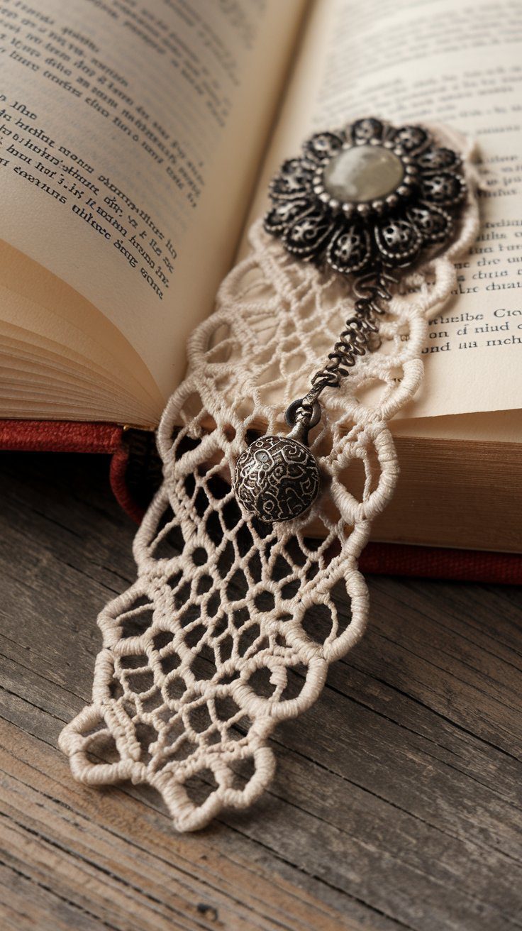 An open book rests on a wooden surface with a decorative lace bookmark featuring a metal flower and dangling charm.