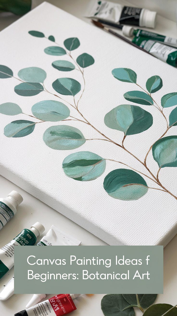 A canvas showcasing a botanical painting of green leaves and branches sits amidst scattered paint tubes.
