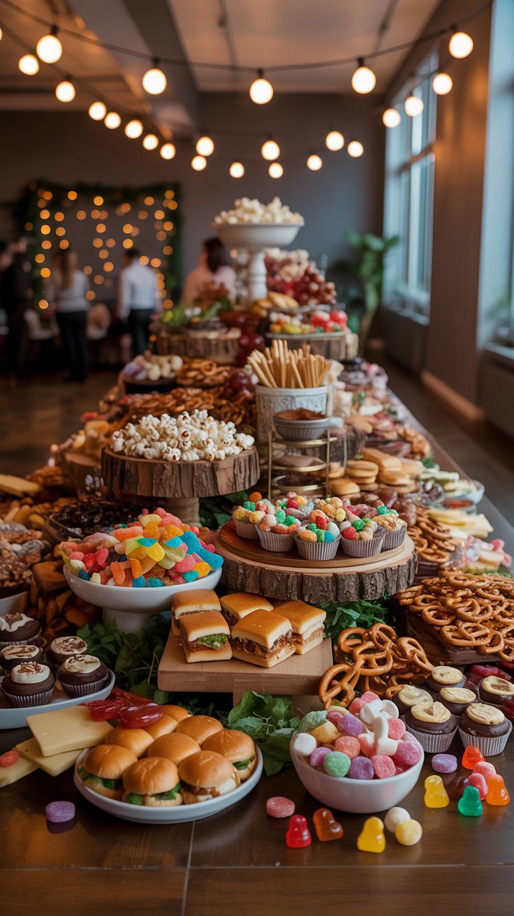 A vibrant indoor party comes to life with a festive grazing table brimming with sliders, pastries, sweets, and snacks, all set beneath twinkling string lights as guests mingle and celebrate together.