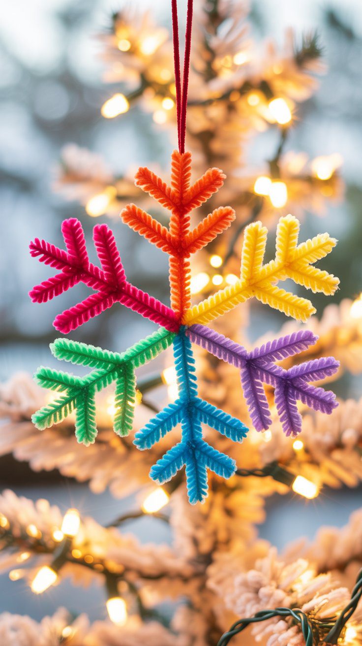 A handmade snowflake ornament crafted from colorful pipe cleaners decorates a glowing white Christmas tree with soft golden lights.