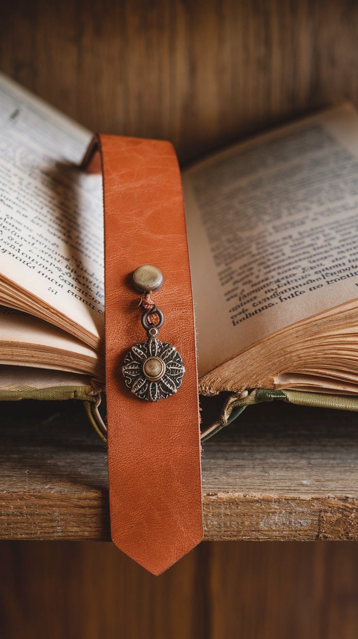 An open book on a wooden shelf with a rustic bookmark made from a brown leather ribbon, a decorative metal button, and an ornate pendant.