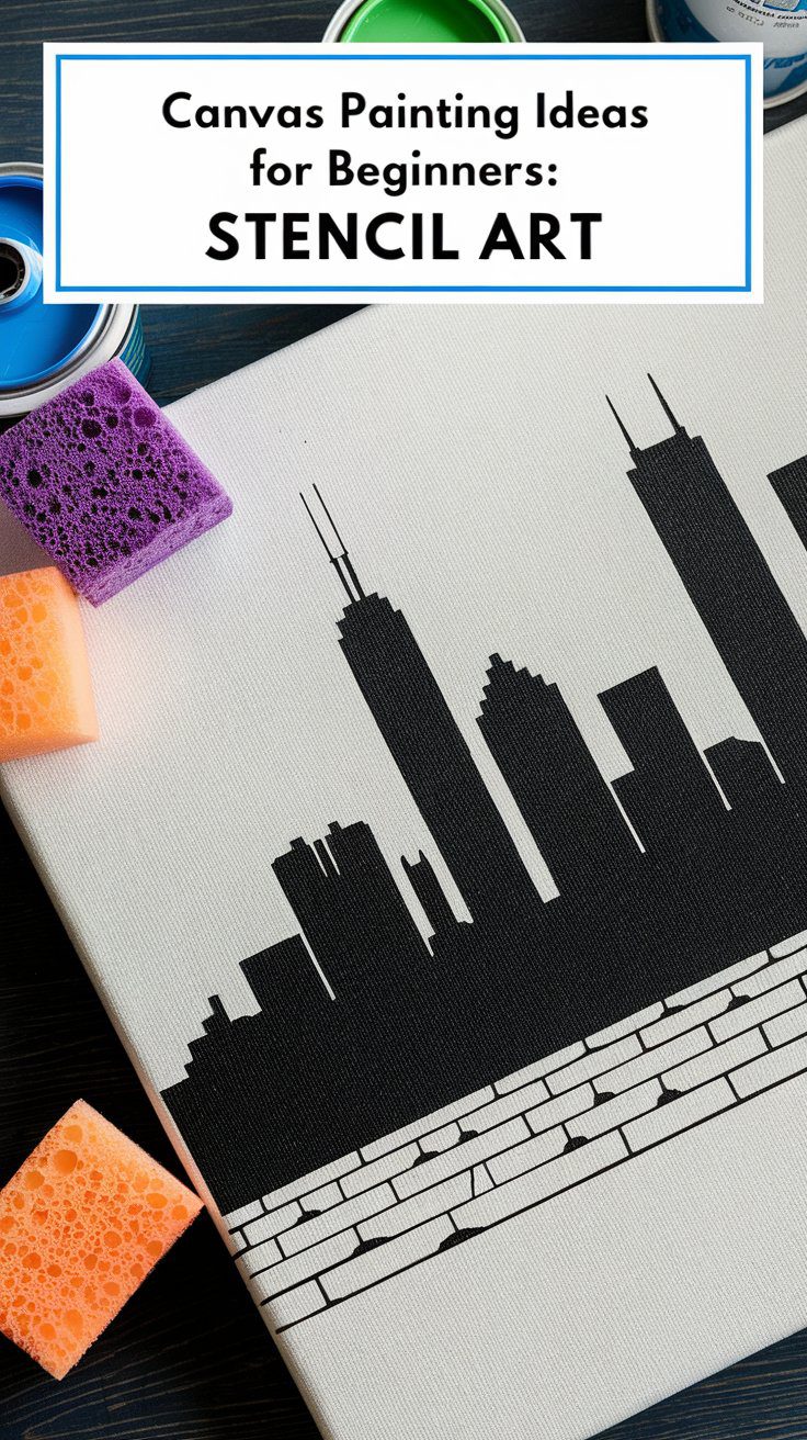 A canvas featuring a black city skyline silhouette above a brick pattern, created using stencil art, serves as an ideal project for beginners.