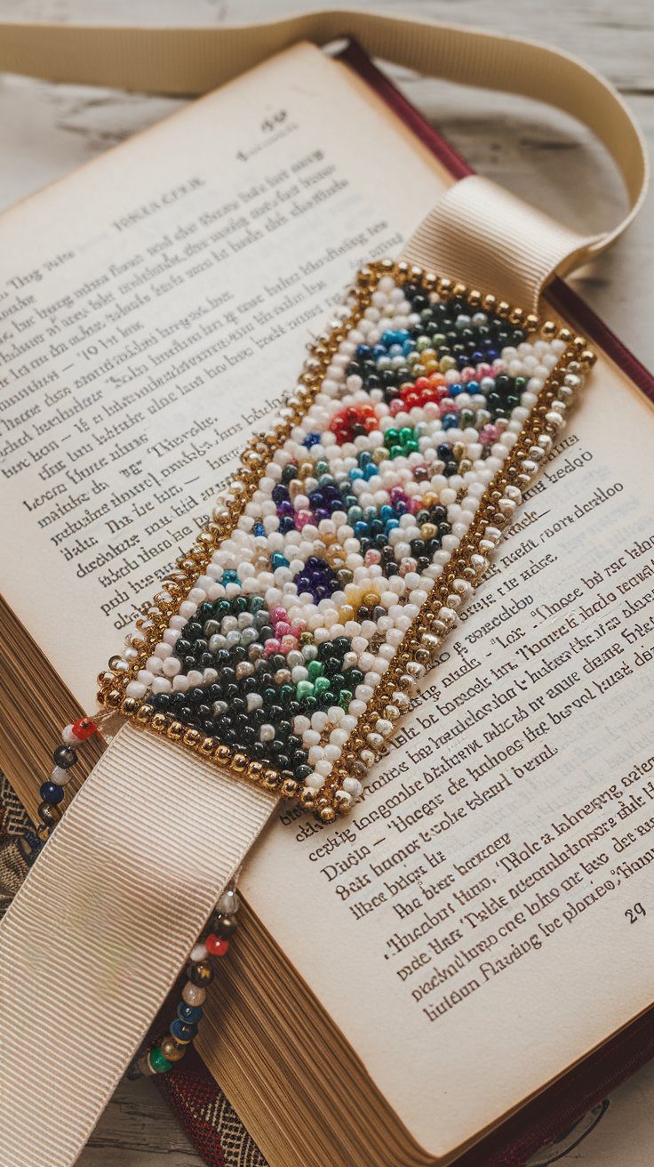 A beaded bookmark with a colorful abstract pattern lies on the open pages of a book, attached to a ribbon.