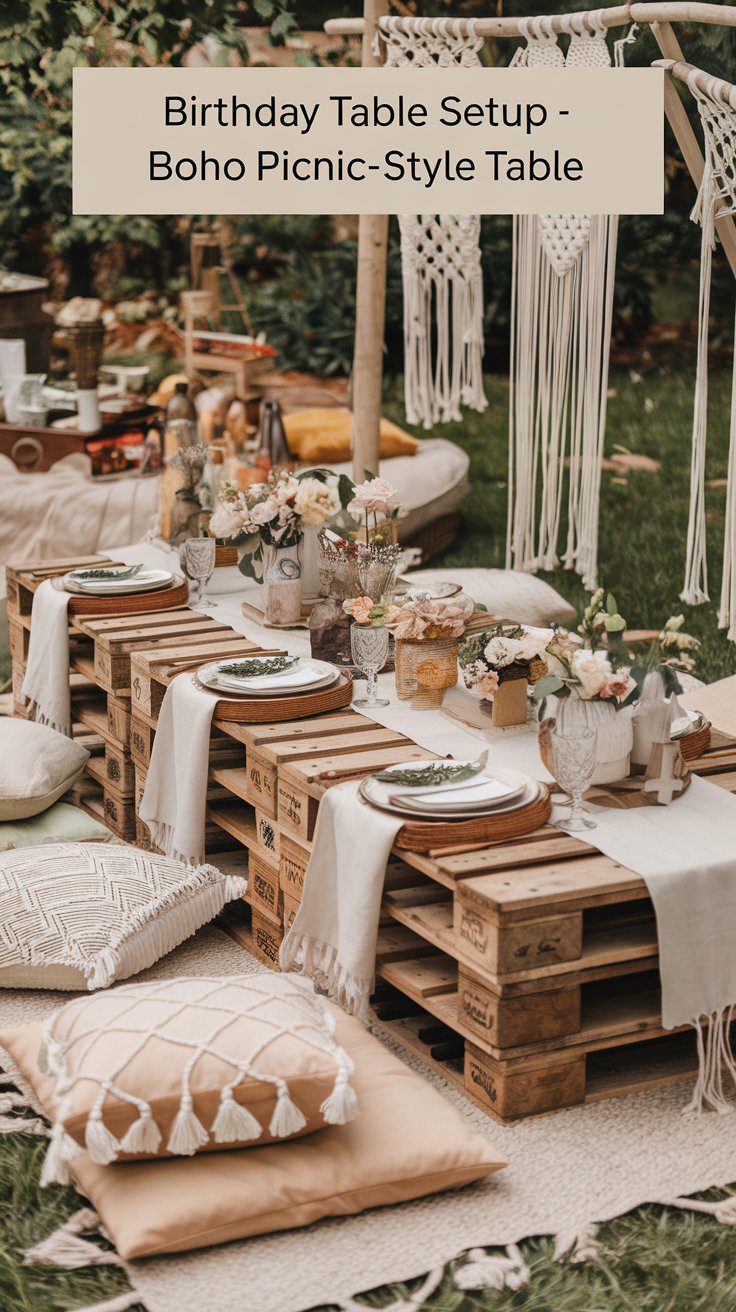 A boho picnic-style table setup with wooden pallets as a base, floral arrangements, candles, tassels, and neutral cushions surrounded by macramé hangings.