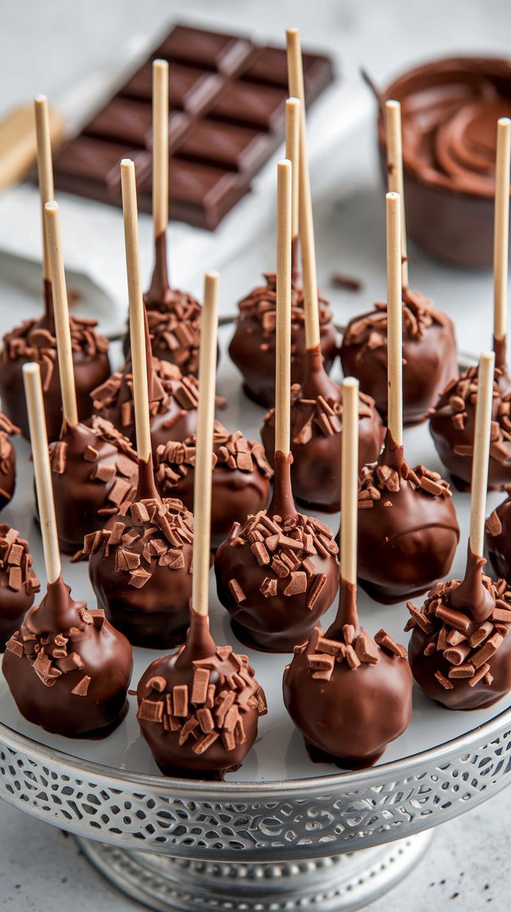 Chocolate cake pops with wooden sticks displayed on a decorative metal stand, coated in chocolate and topped with chocolate shavings, with chocolate bars and melted chocolate in the background.