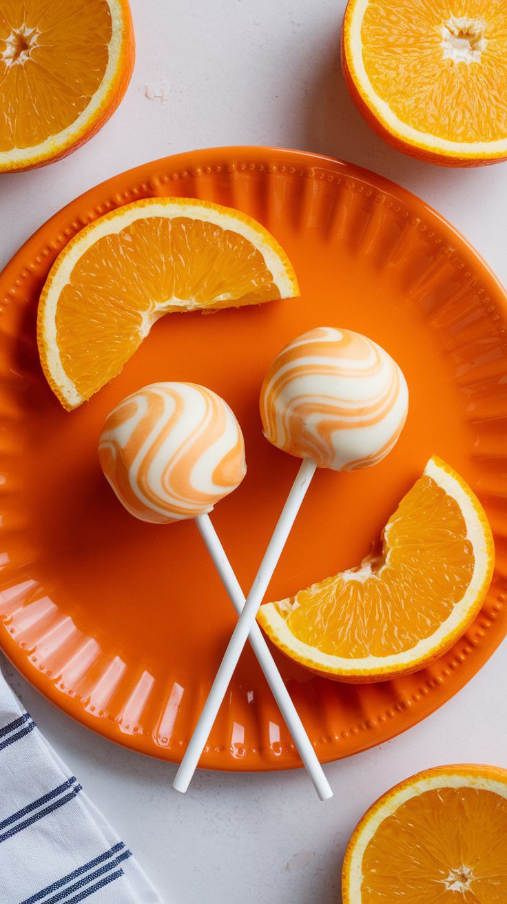 Two swirled orange and white cake pops on a bright orange plate with orange slices and additional orange halves around the plate.