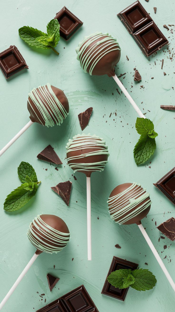 Chocolate cake pops drizzled with mint green icing arranged on a mint green background, surrounded by pieces of dark chocolate and fresh mint leaves.