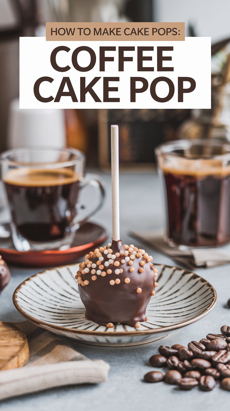 A chocolate-covered coffee cake pop on an elegant plate topped with small round sprinkles, with two cups of coffee and coffee beans scattered on the table.