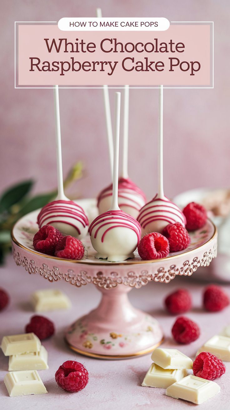 Cake pops on a decorative pink stand, drizzled with white chocolate and garnished with fresh raspberries, surrounded by scattered raspberries and white chocolate pieces on a soft pink background.