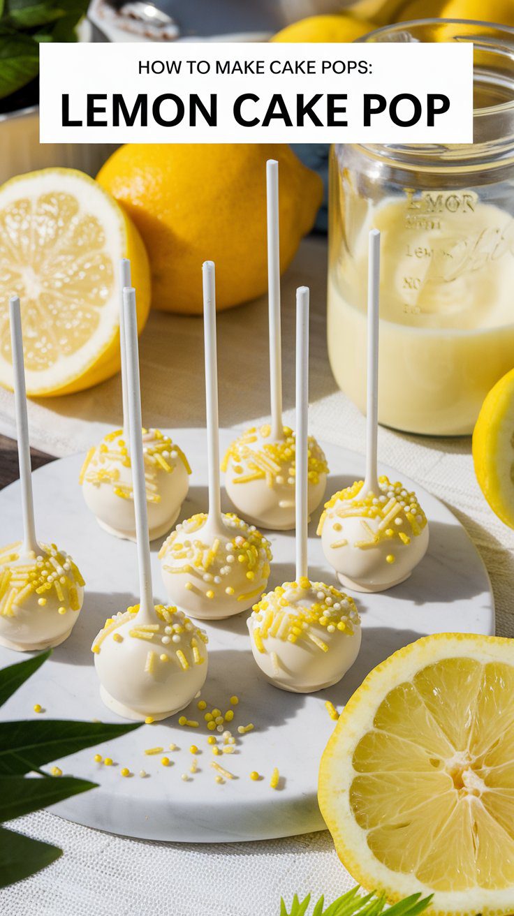 A plate of lemon cake pops with white and yellow sprinkles on sticks, with sliced lemons, a jar of lemon curd, and whole lemons in the background.