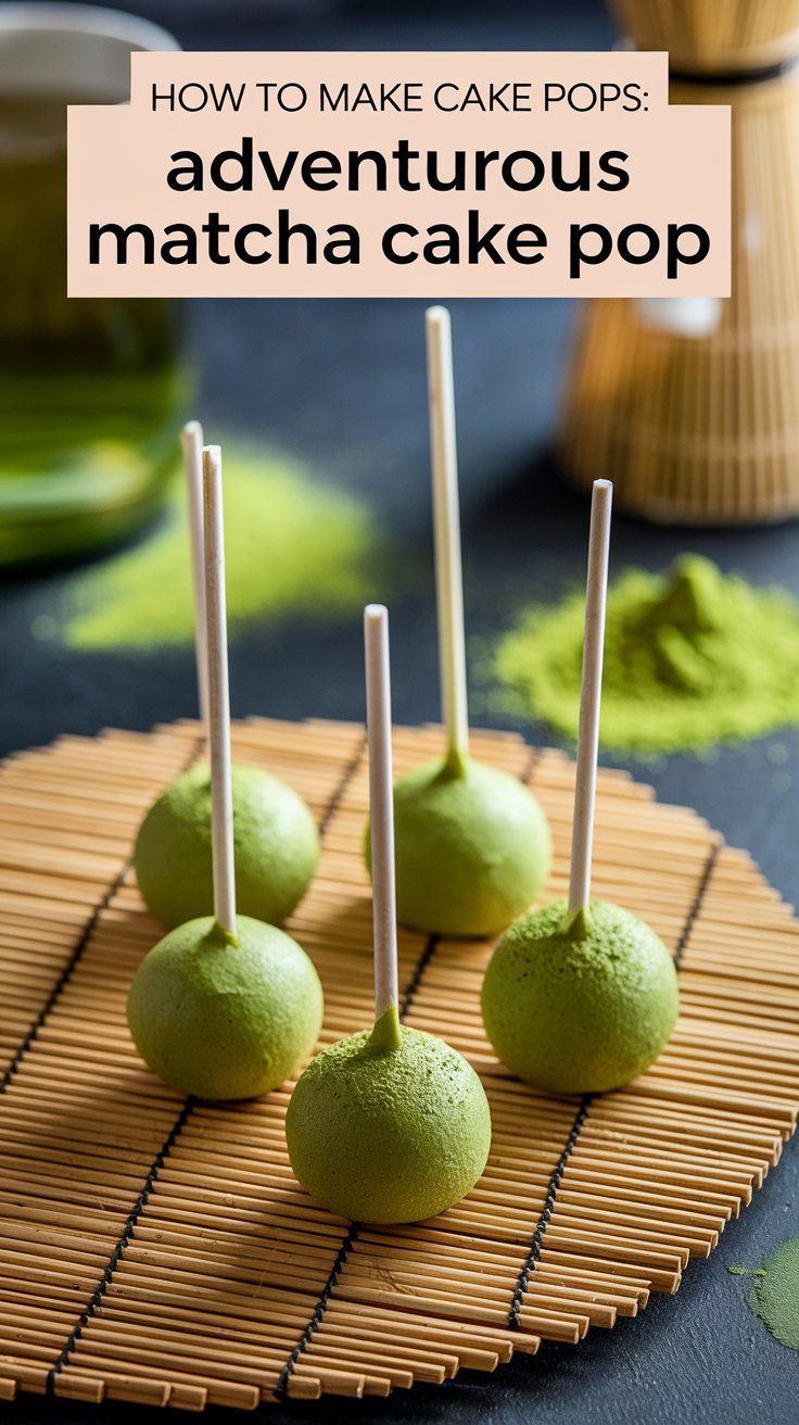 Five green matcha cake pops on sticks arranged on a bamboo mat, with a small pile of matcha powder and a matcha whisk in the background.