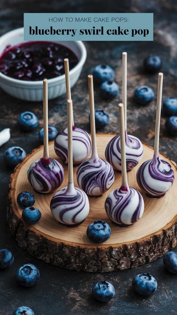 Blueberry swirl cake pops displayed on a wooden slab with blueberries scattered around and a small bowl of blueberry sauce in the background.