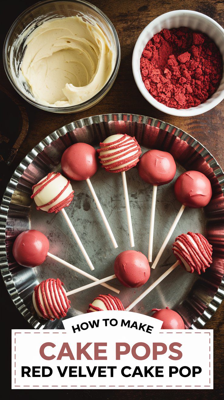 A round tin holds red velvet cake pops, some decorated with white icing, with a bowl of cream cheese frosting and a dish of red cake crumbs nearby.