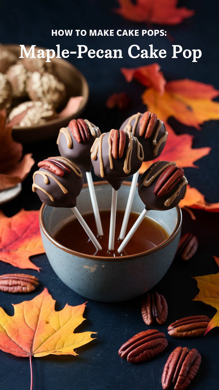 Chocolate-covered cake pops with pecan and maple drizzle arranged in a bowl, with autumn leaves and pecans scattered around.