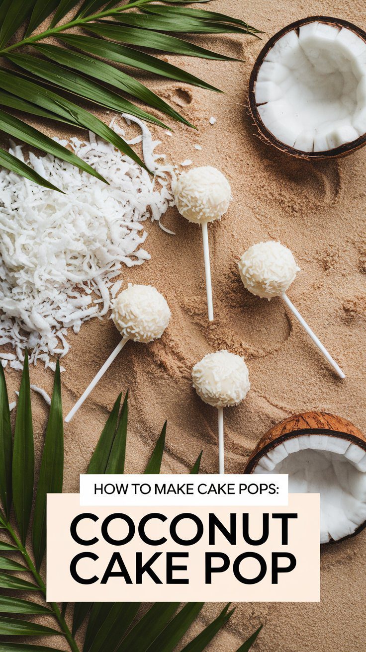 Top view of coconut cake pops on sticks arranged on a sandy surface with shredded coconut and halved coconuts, with green palm leaves in the corners.