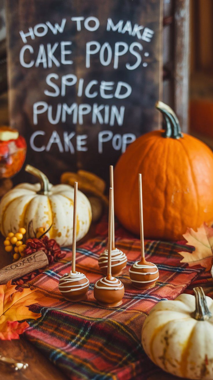 Autumn-themed display with spiced pumpkin cake pops on sticks set on plaid fabric, surrounded by pumpkins and fall leaves.