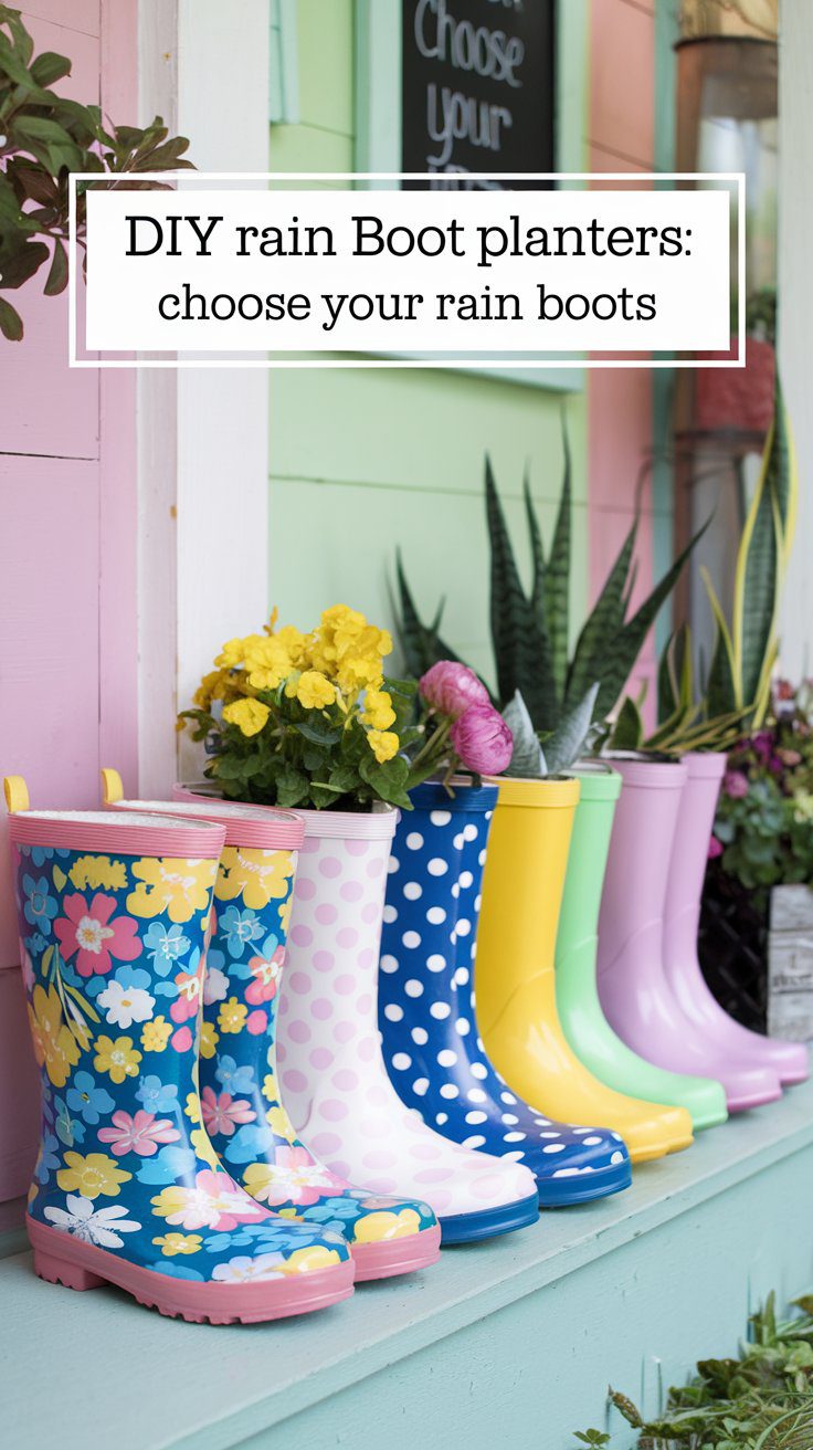Colorful rain boots, each with different patterns like polka dots and flowers, are lined up against a pastel wall. The boots are used as planters, filled with vibrant flowers. A sign on the wall reads, DIY rain Boot planters: choose your rain boots.