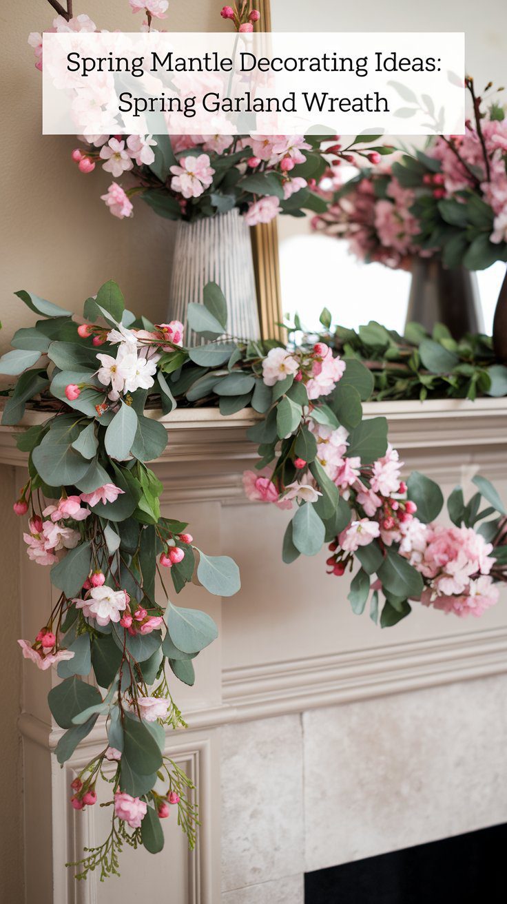 Spring mantle with floral garland of pink and white flowers and a grapevine wreath.