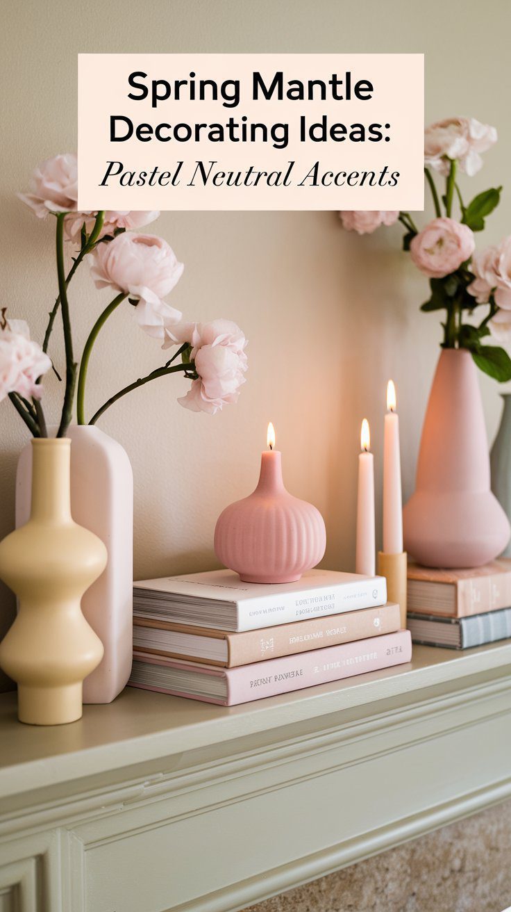 A spring-themed mantle decorated with pastel vases, candles, and stacked books.