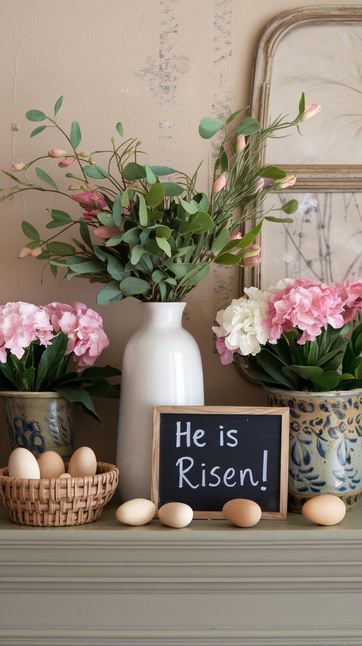 Farmhouse spring mantle with flowers, eggs, and a chalkboard sign.
