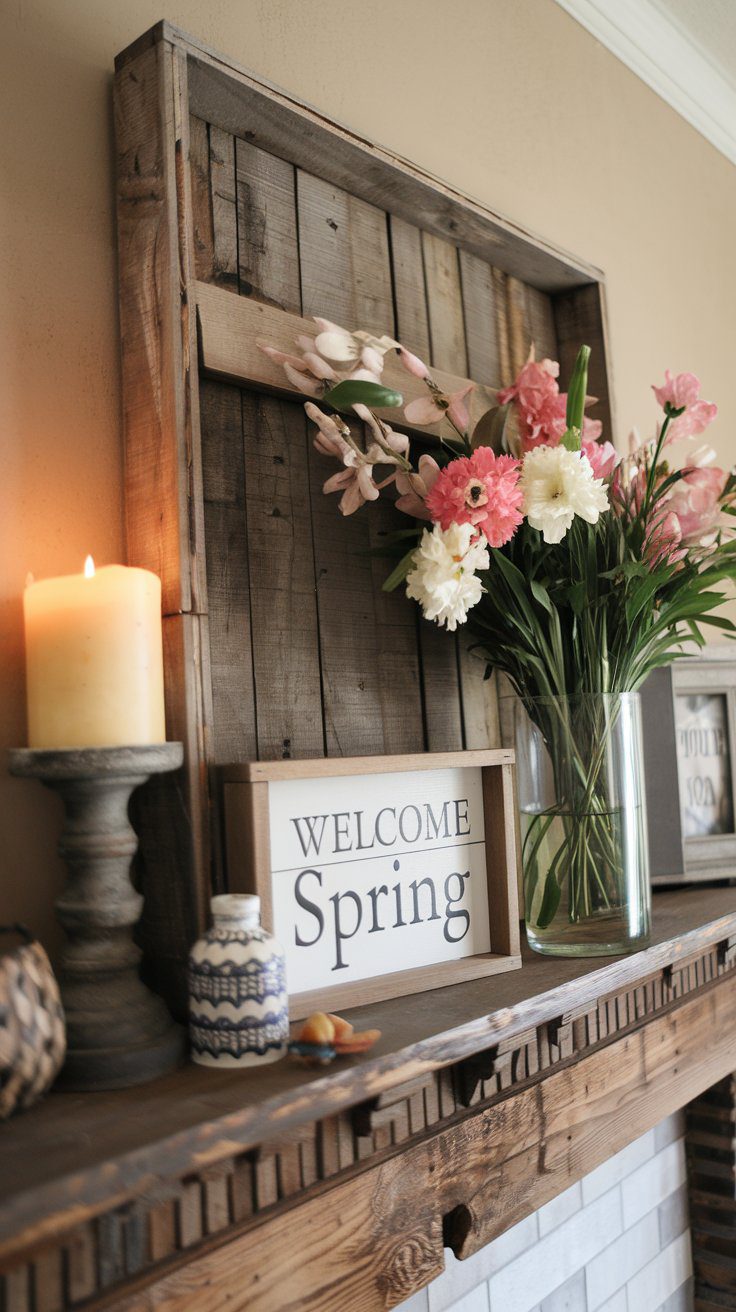 Rustic mantel display with flowers, candles, and a Welcome Spring sign.