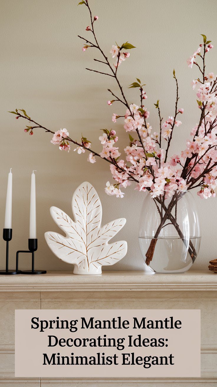 Minimalist spring mantle with cherry blossom vase and white taper candles.