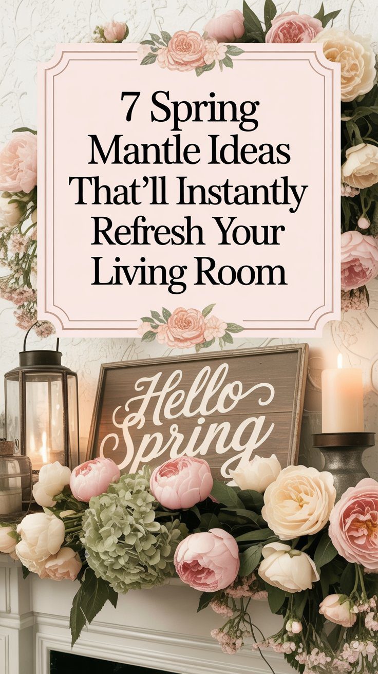 Brighten your living room with a fresh spring mantle styled with roses, candles, and a charming lantern.